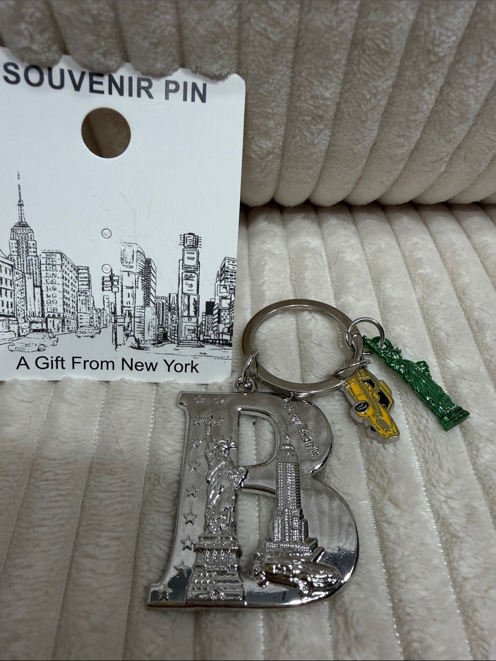New York “B” Initial Keychain with Taxi & Statue Charms - Silver.New in package